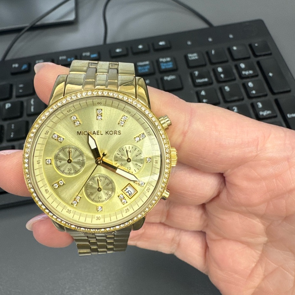Michael Kors Gold Chronograph Watch with Textured Bezel